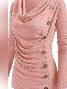 NWOT Dressfo Sz 12 Long Sleeve Ruched Drape Neck Button Detail Top